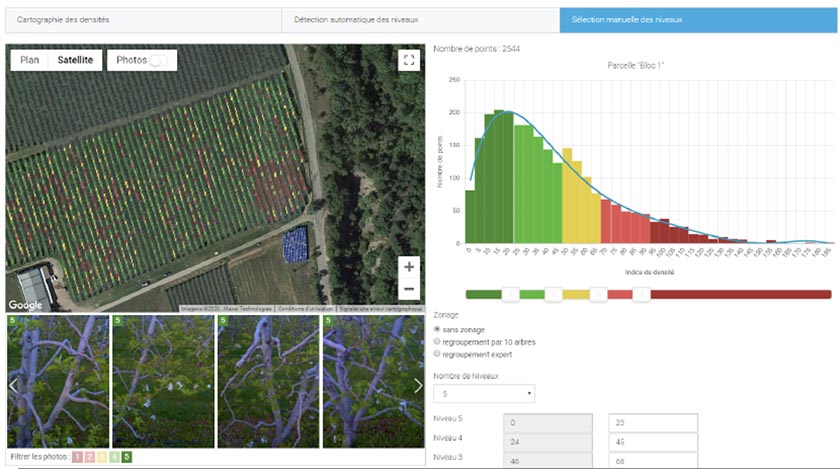 Copie d'écran des données d'acquisition du service Clair par Agriconnect. A droite un histogramme vert, jaune, organge, rouge. A gauche la vue aérienne des verges analysés.
