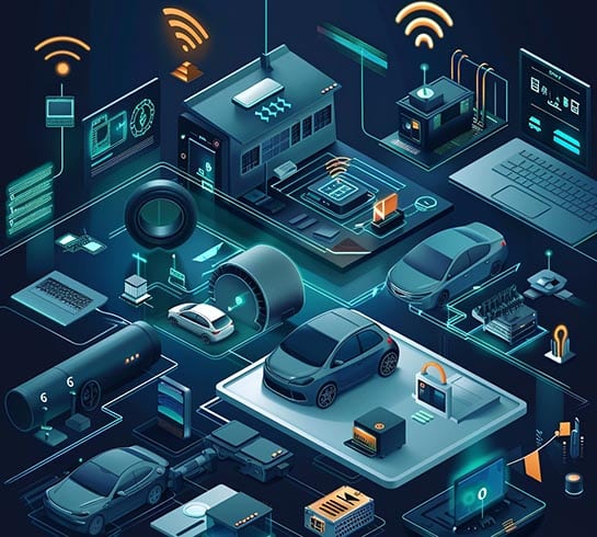 Illustration montrant la représentation d'une grande ville connectée, univers bleuté, avec des voitures électriques qui rechargent